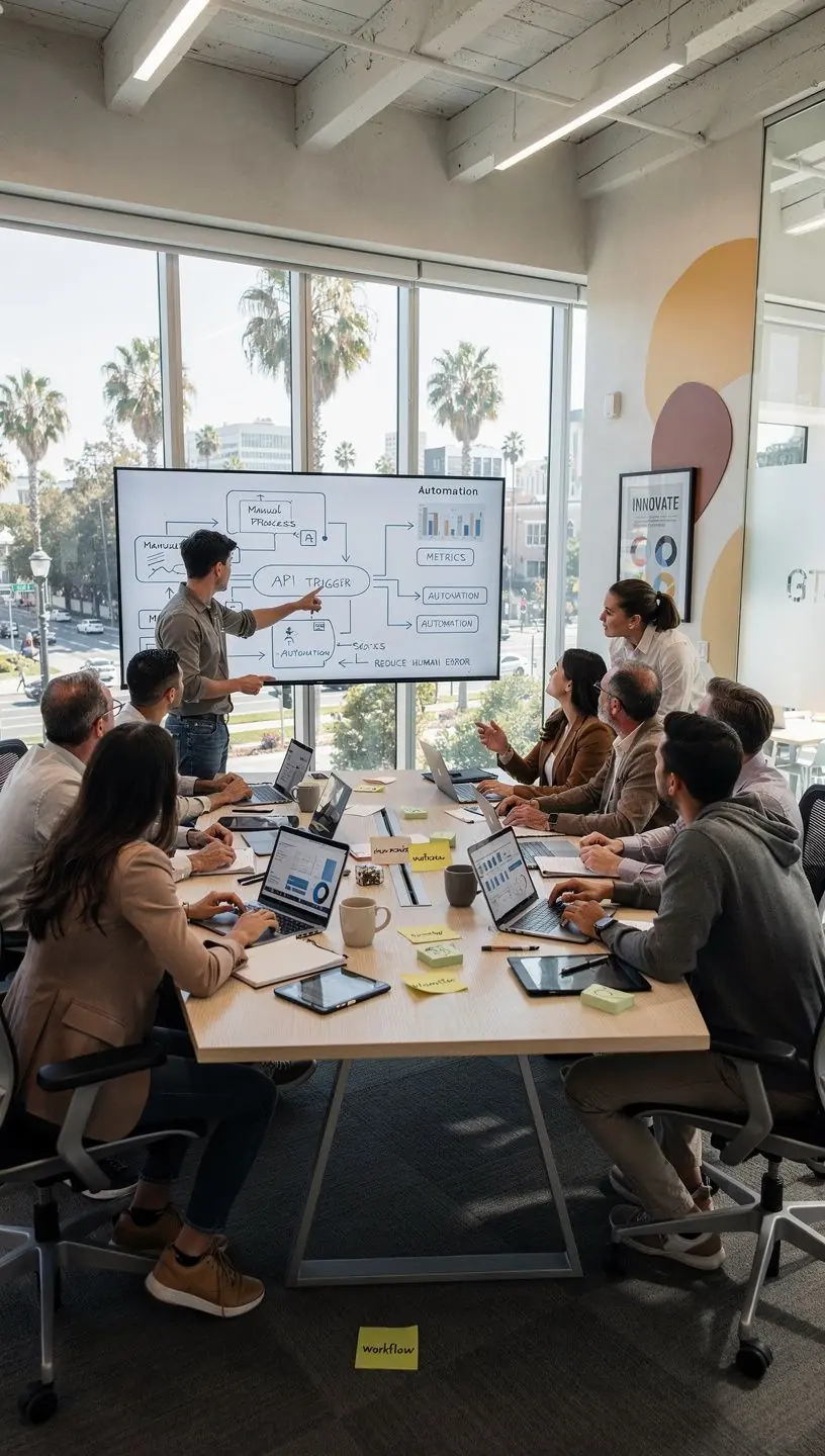 Diagram showing step-by-step workflow automation reducing manual software tasks in a corporate setting.