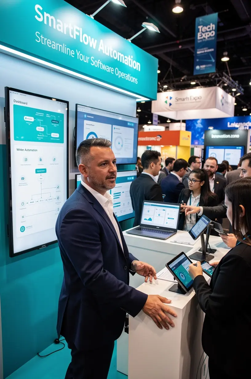 Professional analyzing data on a laptop with smart automation software interface visible on screen.